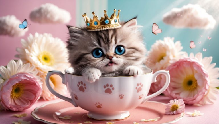 Fluffy kitten with bright blue eyes wearing a golden crown sitting inside a pink teacup adorned with paw prints and surrounded by pastel flowers and butterflies