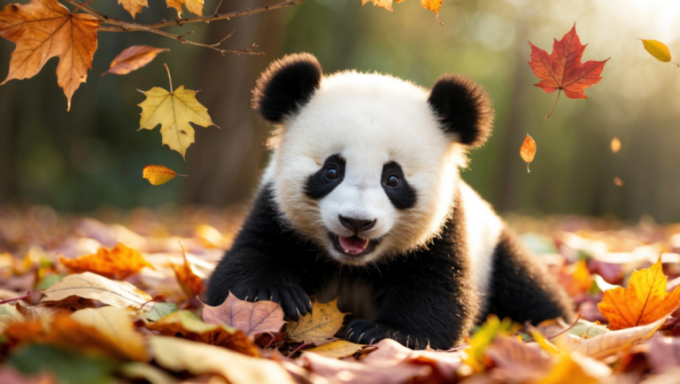 Cute giant panda cub lying on colorful autumn leaves with a joyful expression in soft sunlight