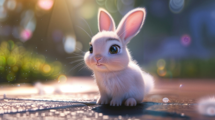 Cute white bunny with big eyes sitting on a surface with soft glowing light and bokeh background