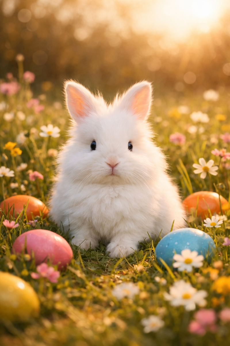 Fluffy white bunny sitting among colorful Easter eggs and flowers in a sunlit grassy field