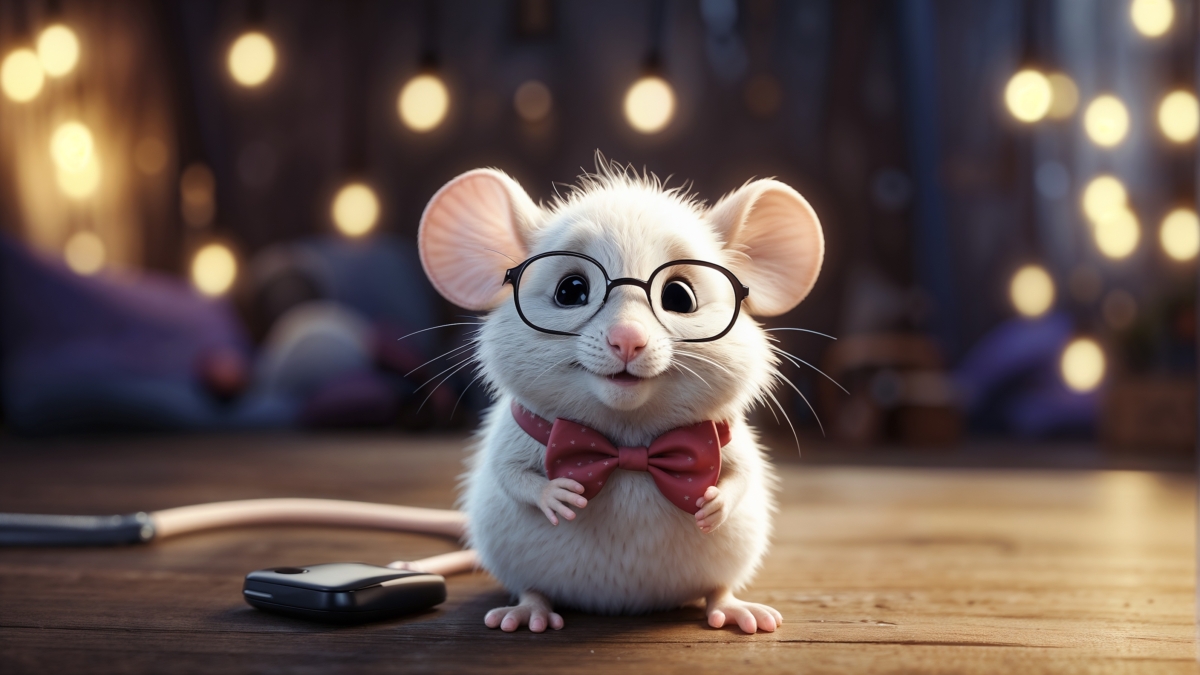 Adorable white mouse with glasses and a red bow tie sitting on wooden floor with blurred lights background