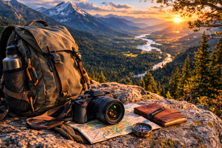 Backpack, camera, map, journal, and compass on a rock overlooking forested valley with winding river and mountains at sunset