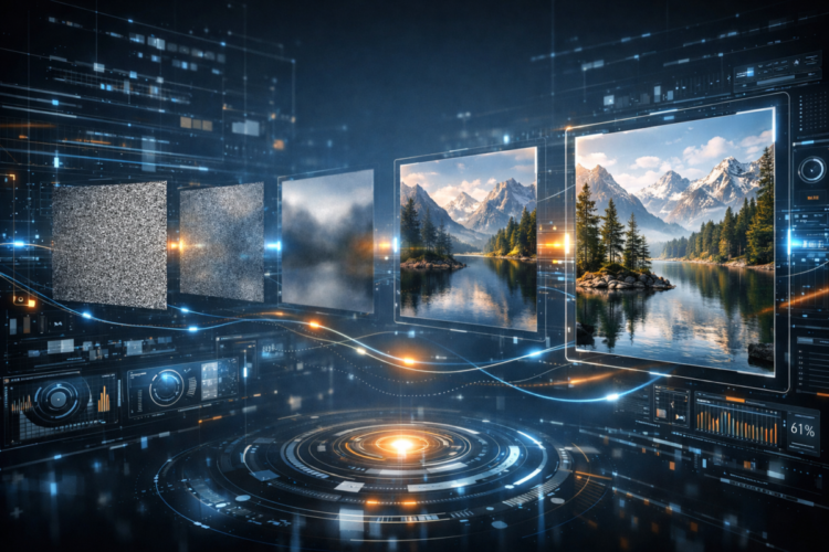 Digital rendering showing stages of AI enhancing a blurry image into a sharp clear mountain landscape