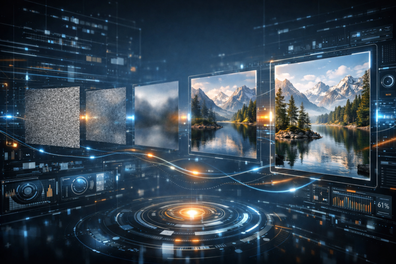 Digital rendering showing stages of AI enhancing a blurry image into a sharp clear mountain landscape