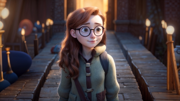 3D animated young girl with round glasses and long red hair wearing a warm jacket in a softly lit medieval setting