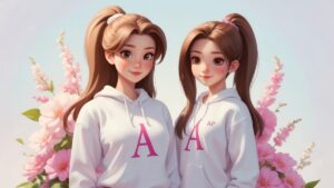Digital illustration of two smiling young girls with long brown hair in white hoodies standing amidst pink flowers