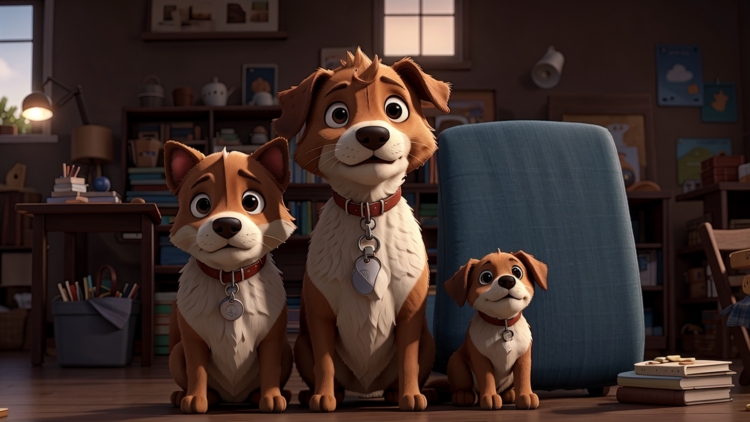 Three animated dogs with brown and white fur sitting indoors in a warm, well-furnished room with books and cozy decor