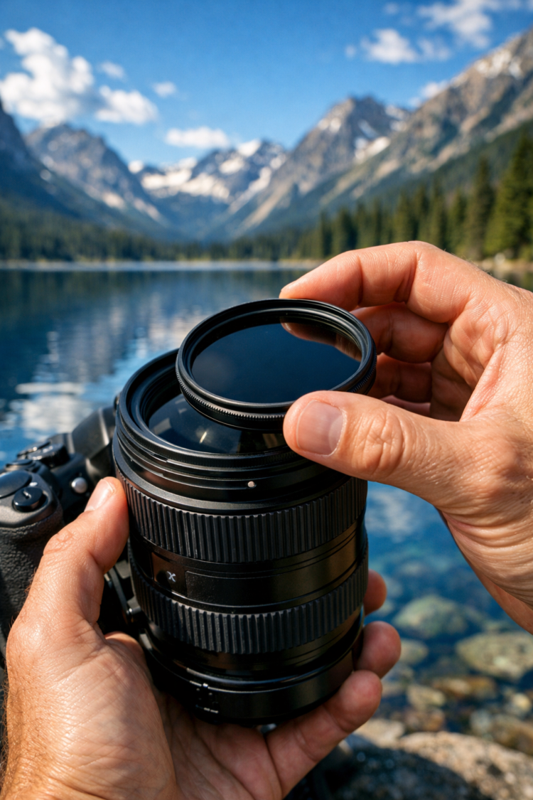 Hand attaching a camera lens filter to a zoom lens with a scenic mountain lake landscape in the background.