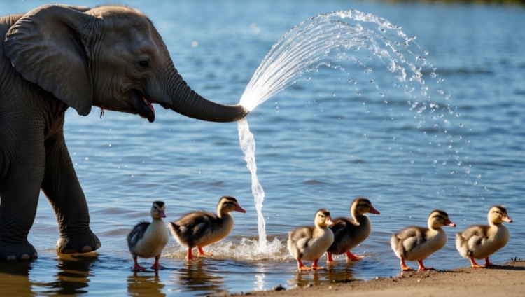 A young elephant sprays a stream of water from its trunk while six fluffy ducklings stand nearby at the water's edge.