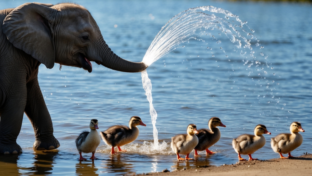 A young elephant sprays a stream of water from its trunk while six fluffy ducklings stand nearby at the water's edge.