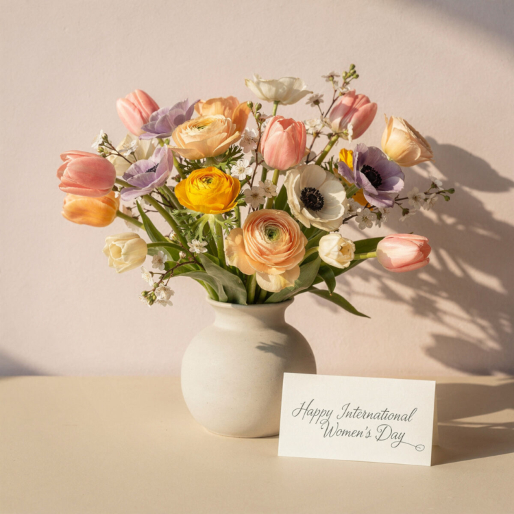 A vase with colorful spring flowers including tulips and anemones beside a card wishing Happy International Women's Day