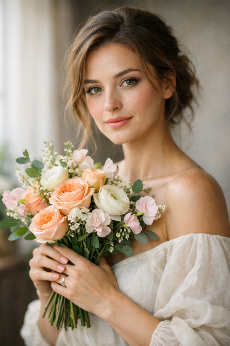 Young woman in an off-shoulder dress gently holding a bouquet of peach and white flowers with greenery
