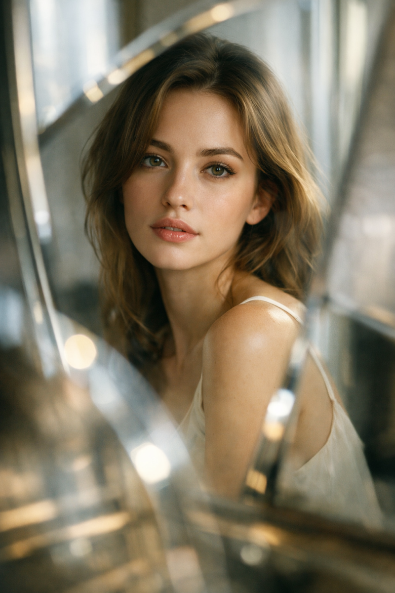 Close-up portrait of a young woman with soft natural light and warm tones creating a gentle mood