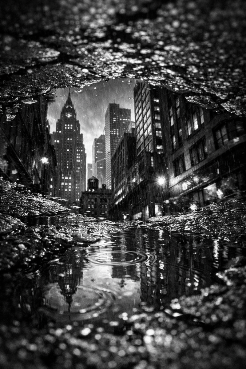 Black and white photo showing reflection of city buildings and street lights in a puddle on a wet pavement during rain