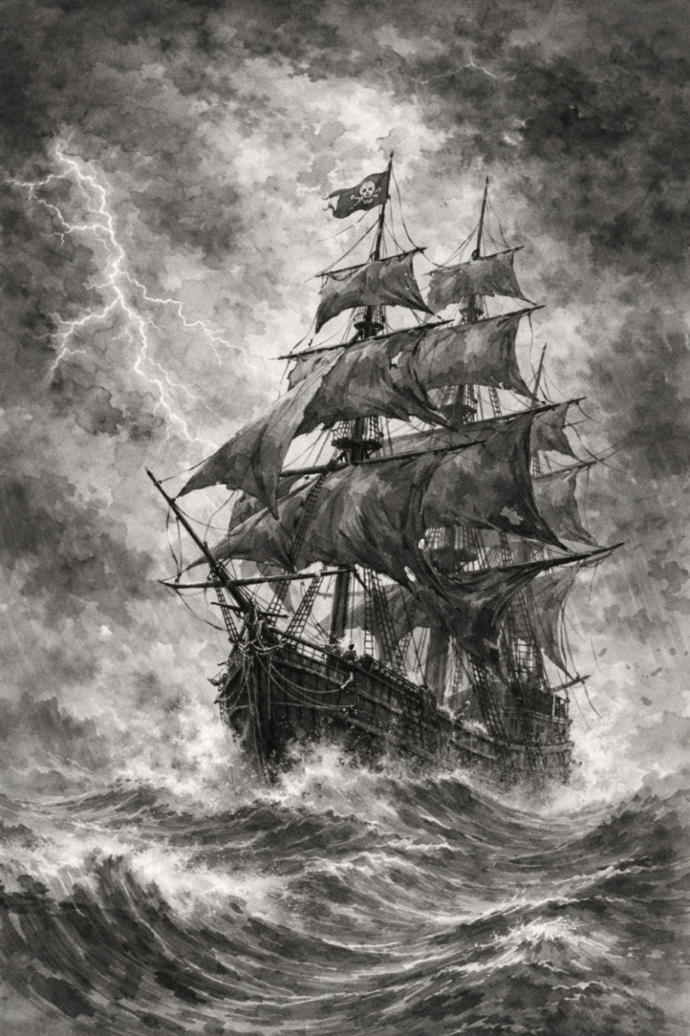 A dramatic black and white illustration of a pirate ship with torn sails battling rough seas and lightning in the background.