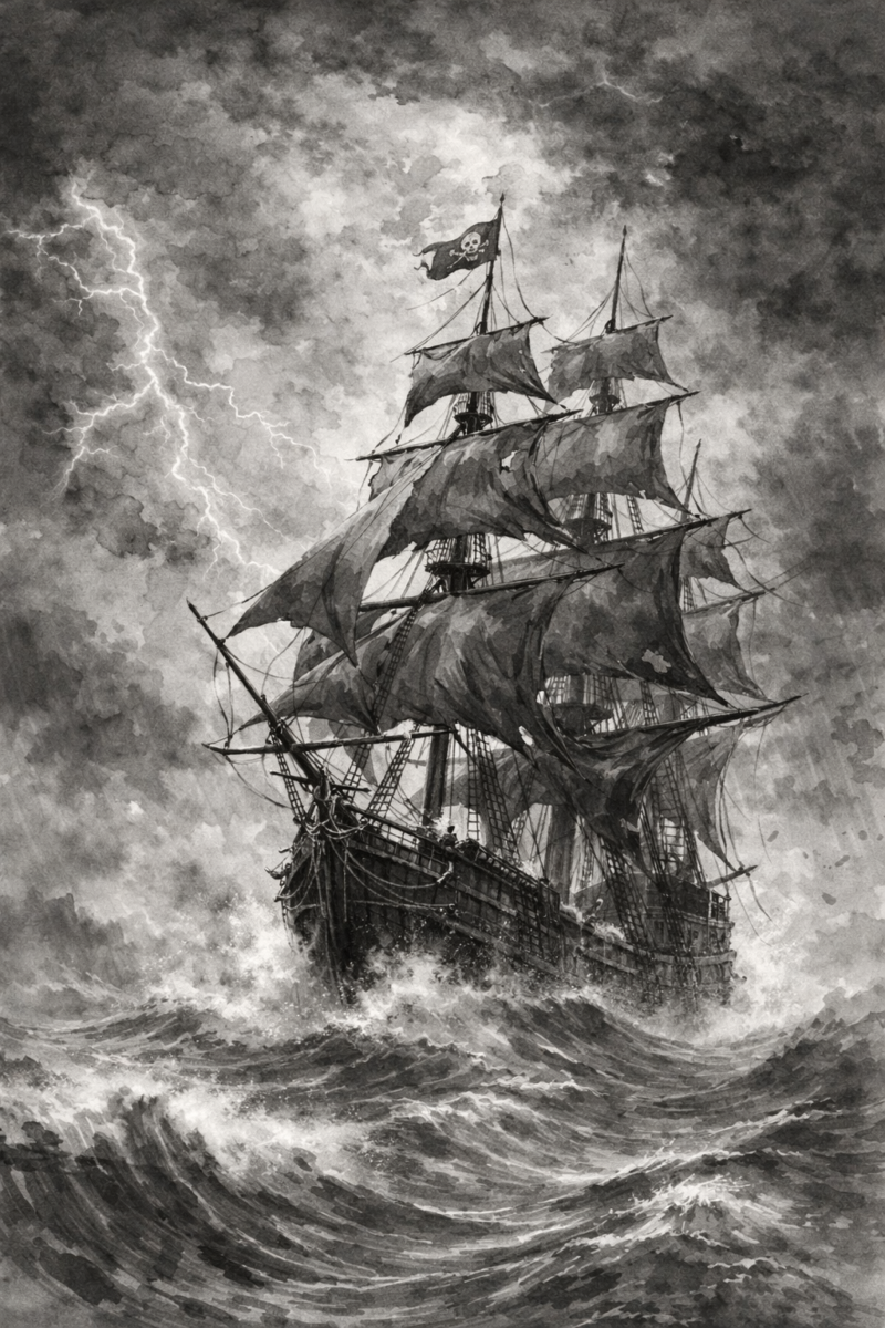 A dramatic black and white illustration of a pirate ship with torn sails battling rough seas and lightning in the background.