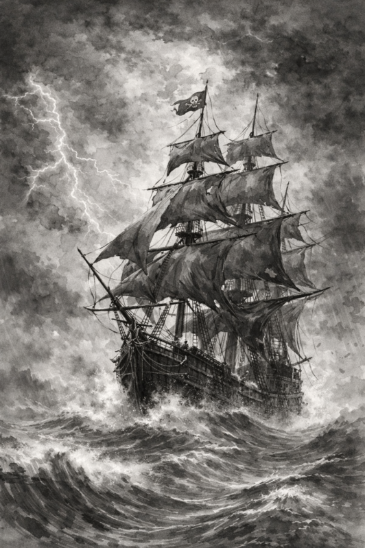 A dramatic black and white illustration of a pirate ship with torn sails battling rough seas and lightning in the background.