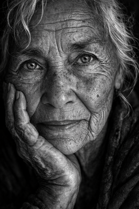 Black and white close-up portrait of an elderly woman with expressive eyes and wrinkles, resting her face on her hand