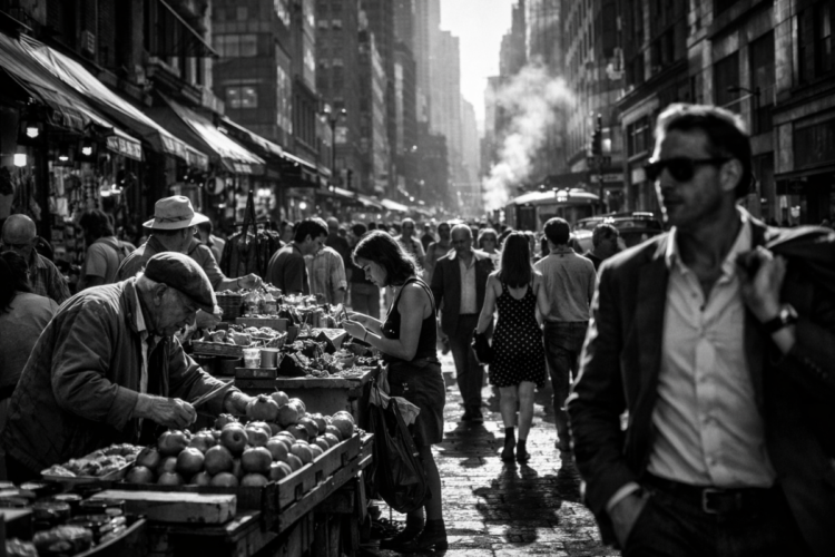 Crowded city street market in black and white with vendors and pedestrians in a busy urban setting