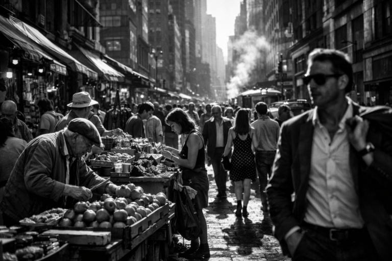 Crowded city street market in black and white with vendors and pedestrians in a busy urban setting