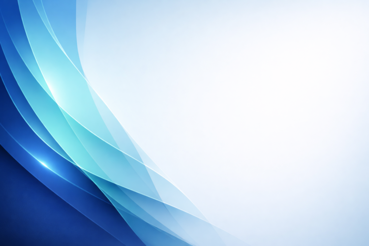 Abstract design featuring overlapping translucent blue waves with light reflections on a soft white gradient background