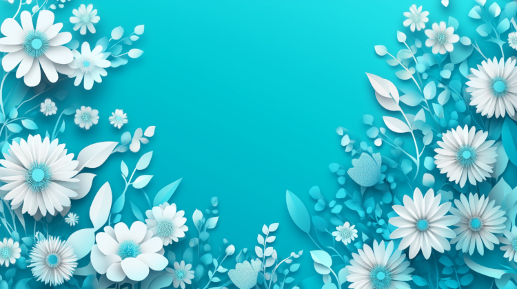 Decorative blue and white paper flowers and leaves arranged on a blue gradient background with space in the center