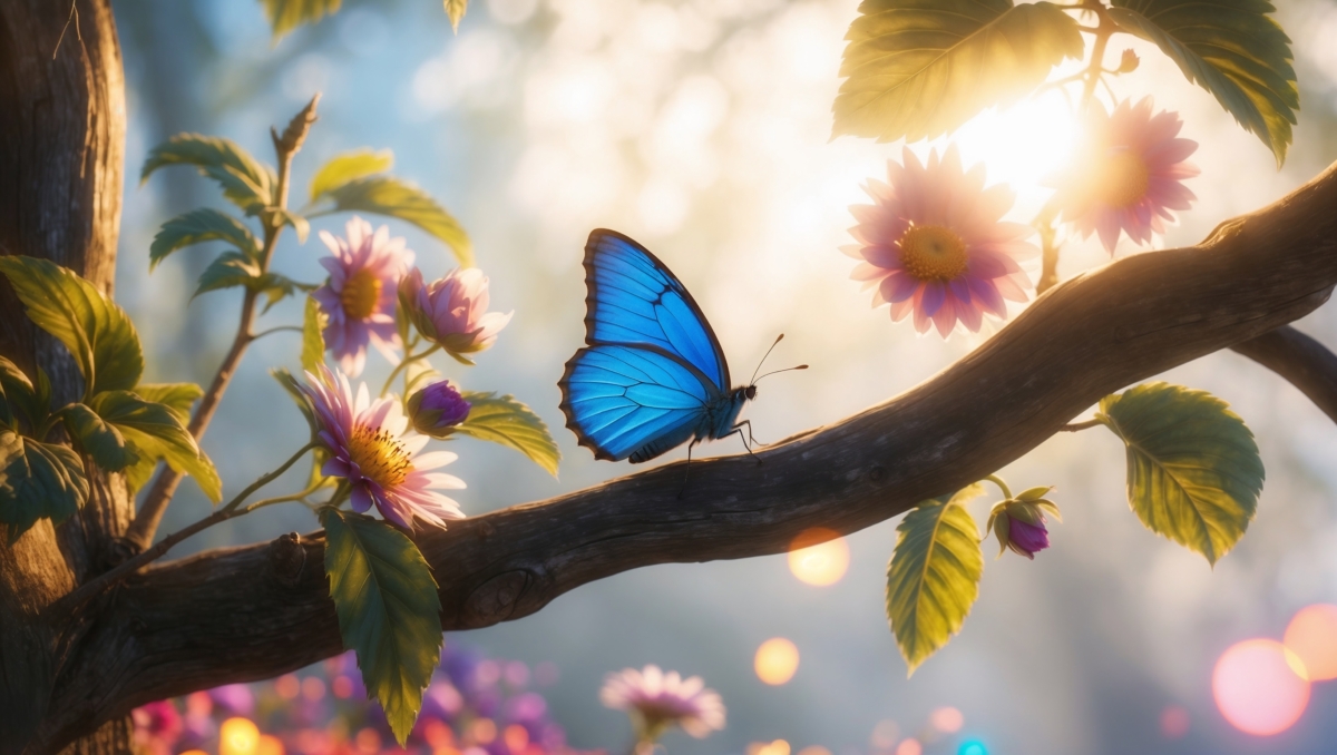 Vivid blue butterfly perched on a tree branch surrounded by green leaves and soft pink flowers under bright sunlight