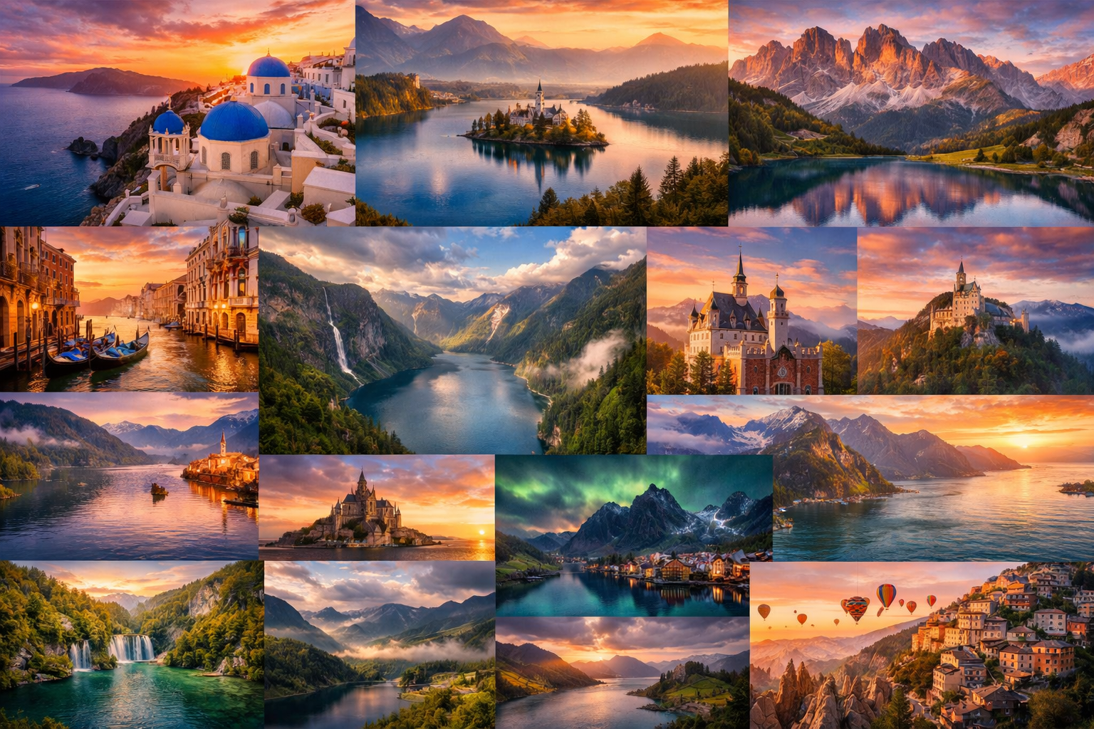 Collage of stunning European landscapes including lakes, mountains, castles, coastal towns, and hot air balloons glowing at sunset