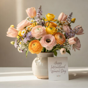 A beautiful bouquet of pastel and yellow flowers in a ceramic vase with a card saying Happy International Women's Day
