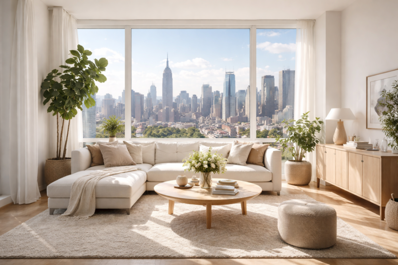 Spacious and sunlit living room with light furnishings and large window showing an urban skyline with skyscrapers.