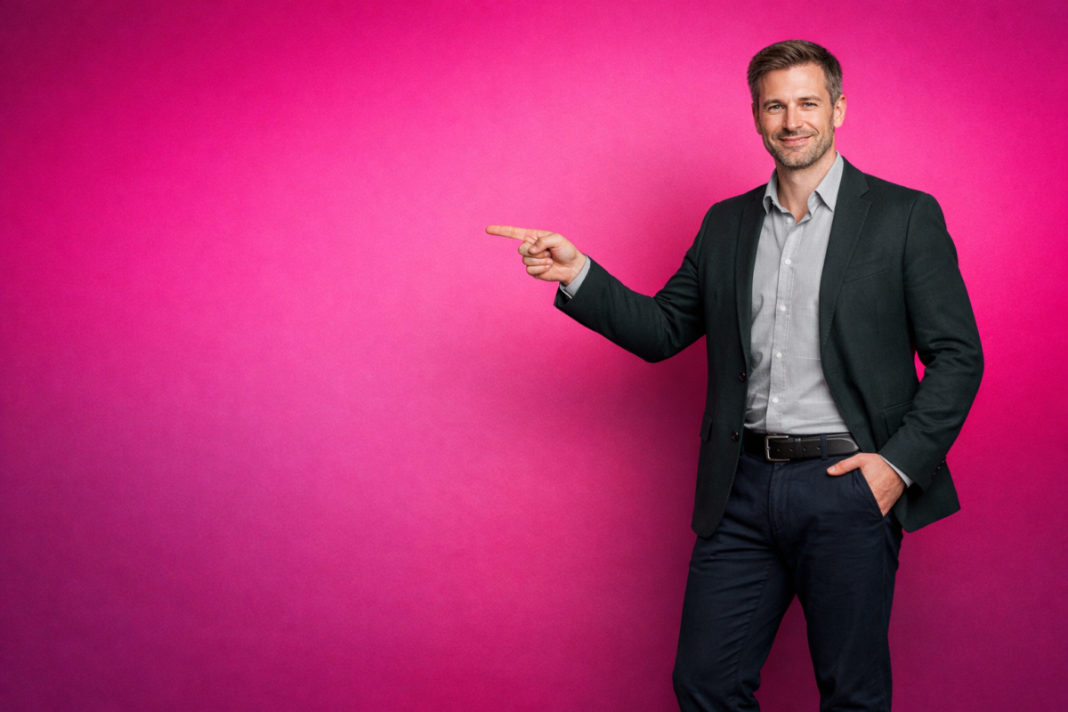Confident businessman in a dark blazer and light shirt pointing right against vibrant pink background