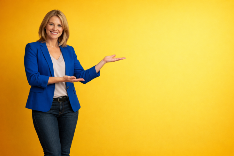 Smiling businesswoman in blue blazer presenting empty yellow background with open hands for promotional content