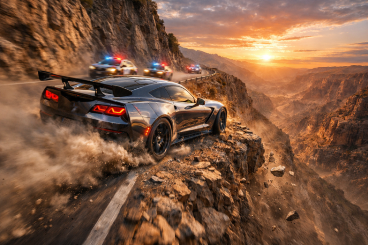 A black sports car drifting on a narrow mountain cliff road with police cars chasing it at sunset amid rocky terrain