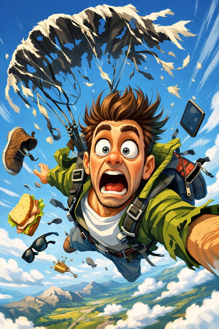 Animated man skydiving with torn parachute, falling items like shoe and sandwich, showing shocked expression