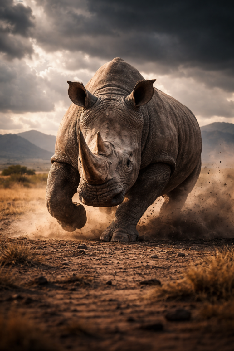 A powerful rhinoceros charging through dusty terrain with a moody cloudy sky and distant mountains in the background