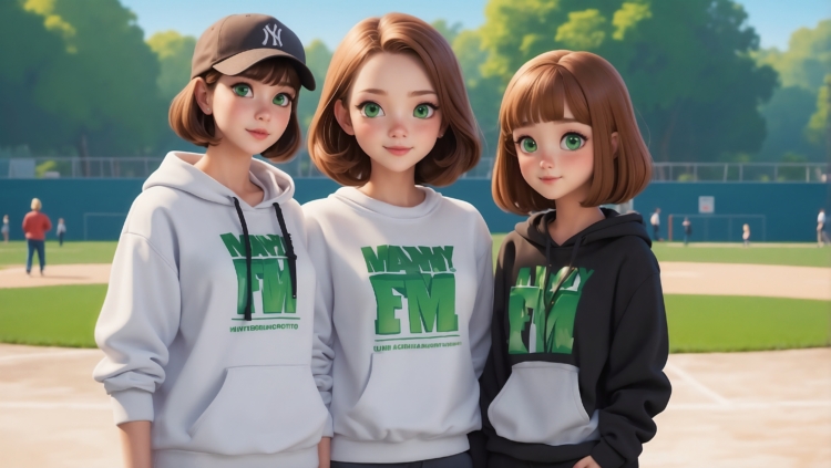 Three 3D animated young girls with green eyes wearing casual sports hoodies standing on a baseball field with blurred players and trees in the background