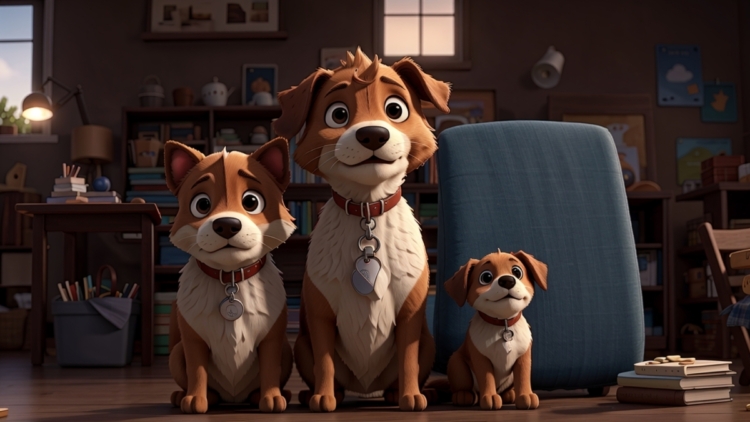 Three animated dogs sitting side by side in a cozy room filled with books and warm lighting