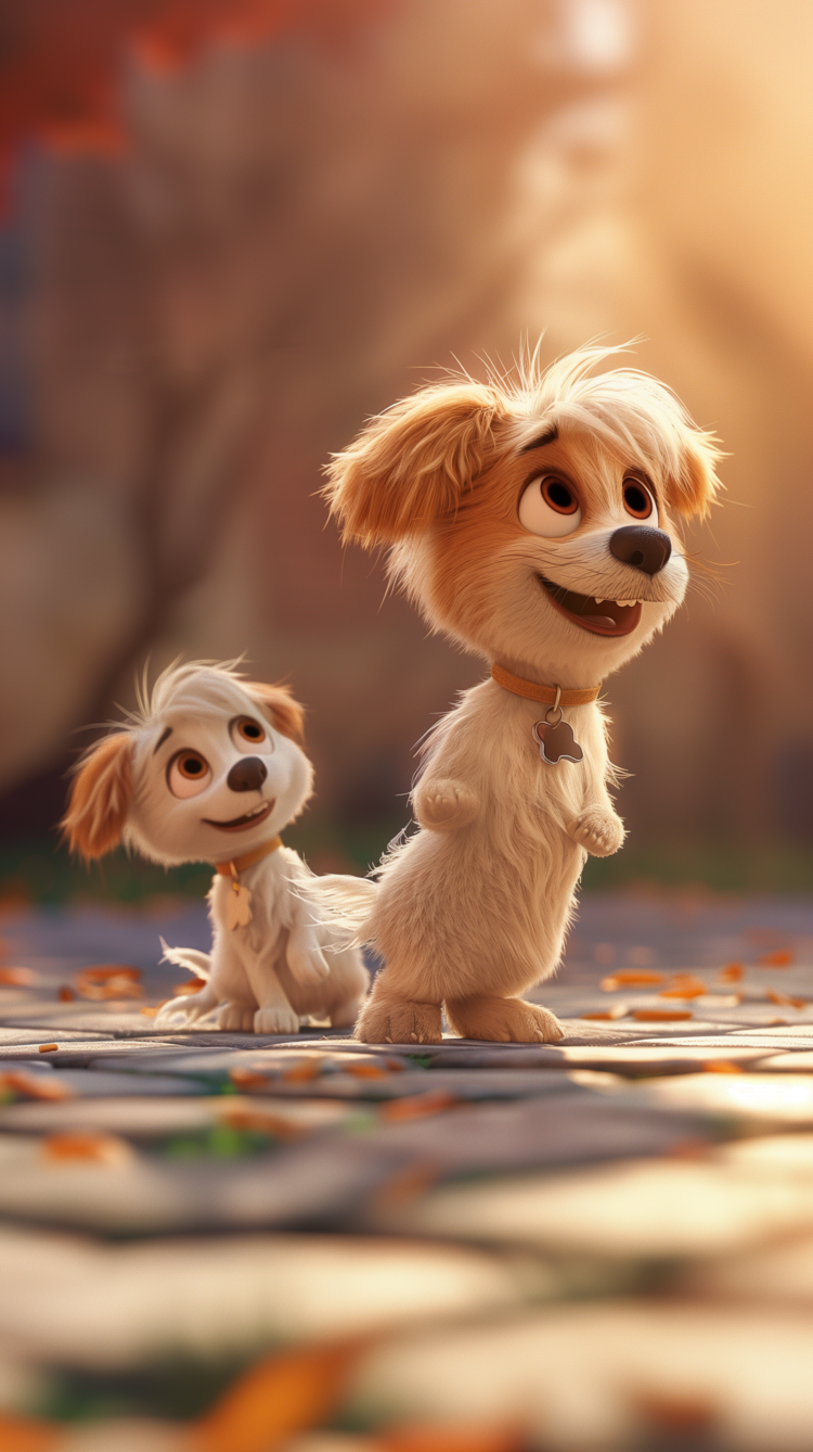 Two cute animated puppies with fluffy fur standing and sitting on a sunlit cobblestone path with autumn leaves around