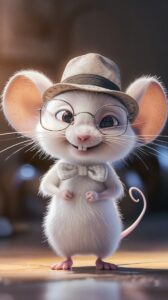 Cute cartoon white mouse wearing glasses, a hat, and a bow tie smiling confidently on a neutral background