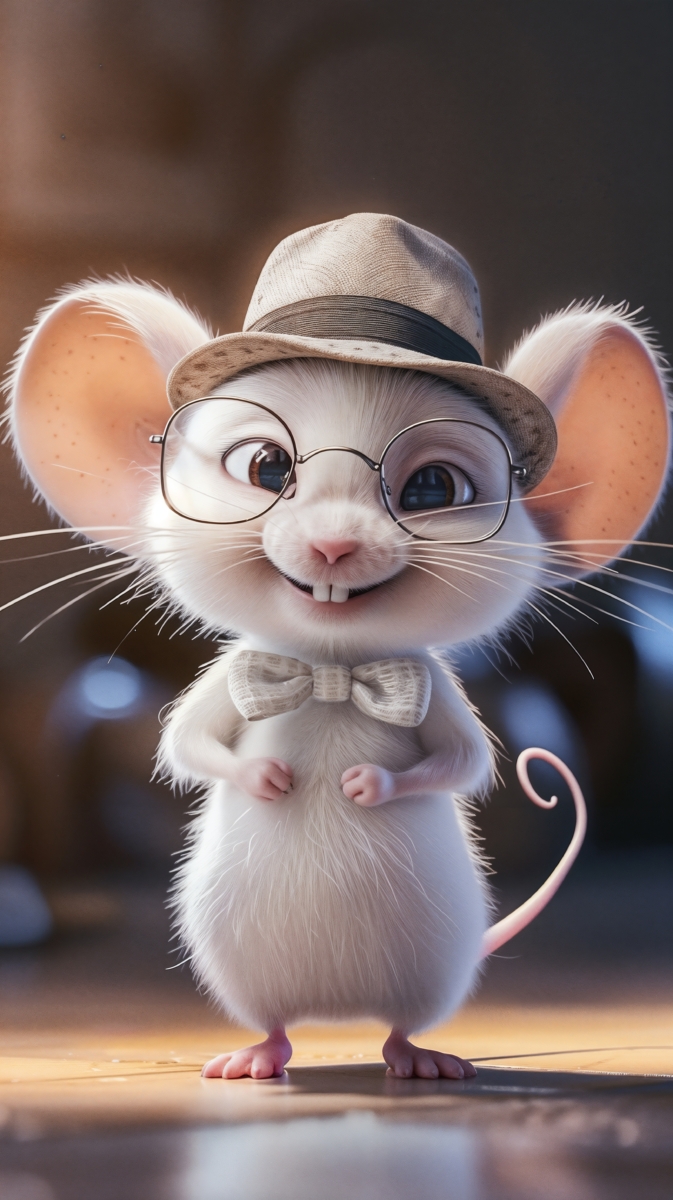 Cute cartoon white mouse wearing glasses, a hat, and a bow tie smiling confidently on a neutral background