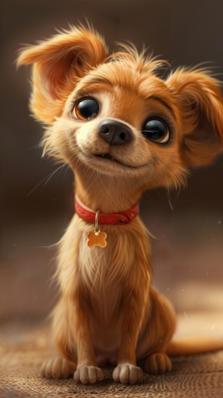 Cute cartoon Chihuahua dog with big expressive eyes wearing a red collar with a small leaf-shaped tag, sitting on a textured surface.