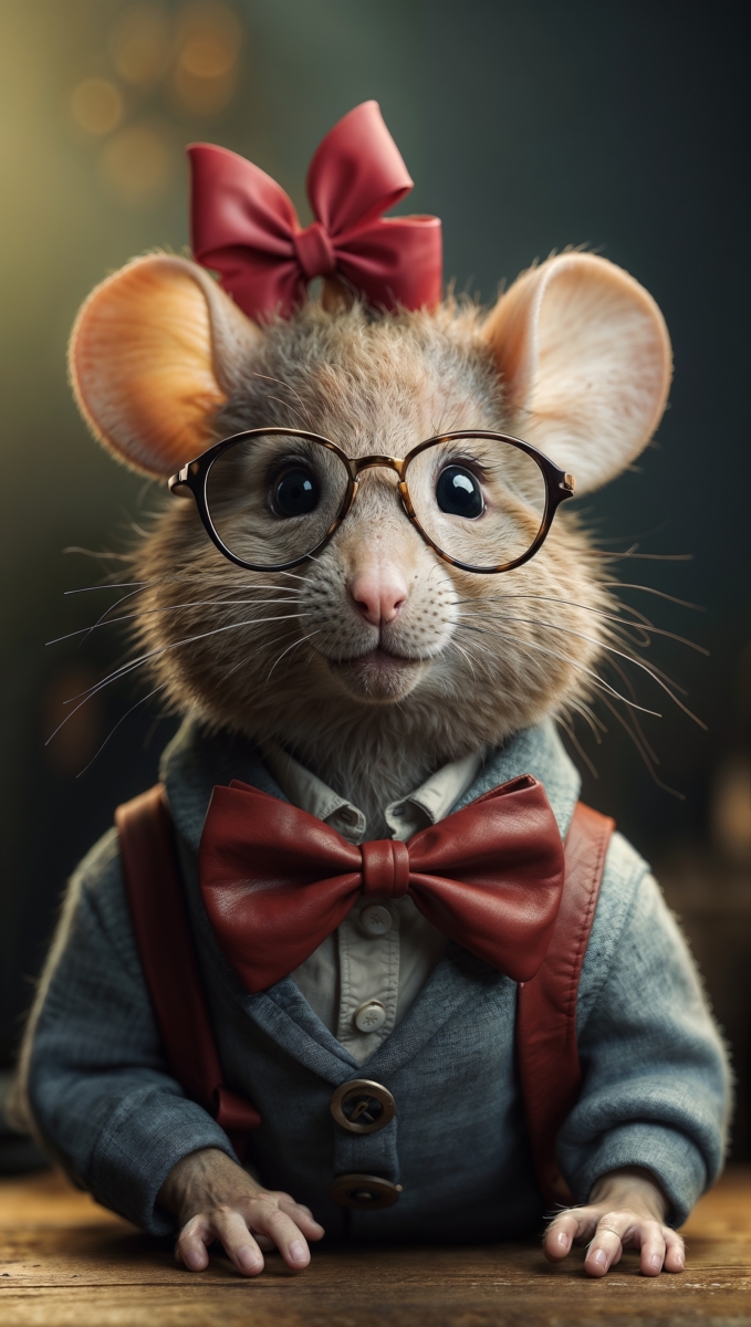 Close-up portrait of a cute mouse wearing round glasses, a red bow tie, and a matching red hair bow, dressed in a grey outfit.