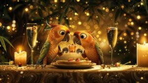Two vibrant orange and green parrots sharing a small dessert at a candlelit table with sparkling champagne glasses in a cozy evening setting