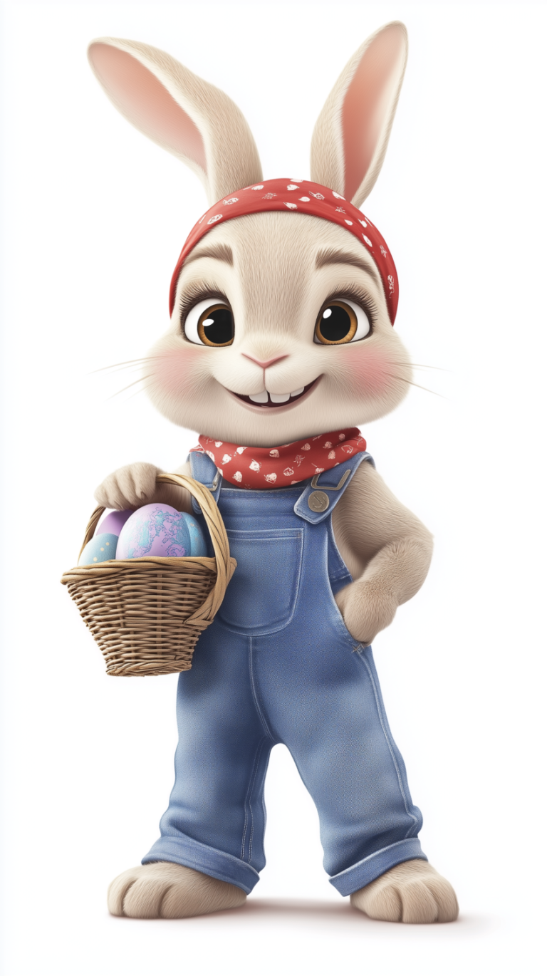 Smiling animated bunny wearing blue overalls and a red bandana holding a basket with colorful Easter eggs