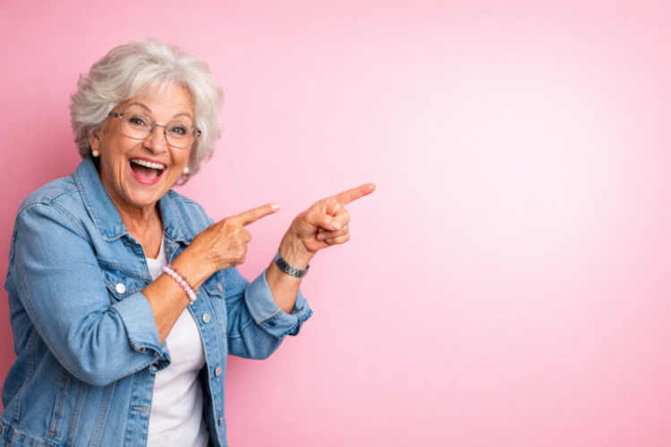 Happy elderly woman with gray hair wearing glasses and denim jacket smiling and pointing to the right on pink background