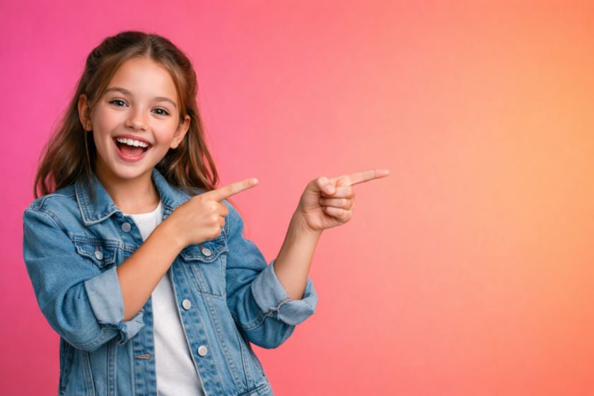 Happy young girl with long hair wearing denim jacket pointing excitedly to the right side on bright gradient pink to orange background