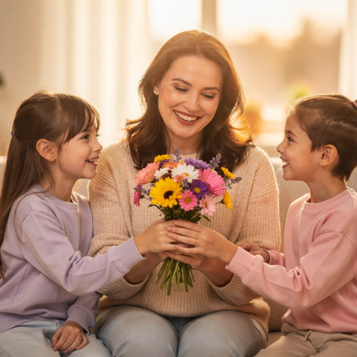 Two children happily giving a colorful flower bouquet to their smiling mother sitting on a sofa indoors.