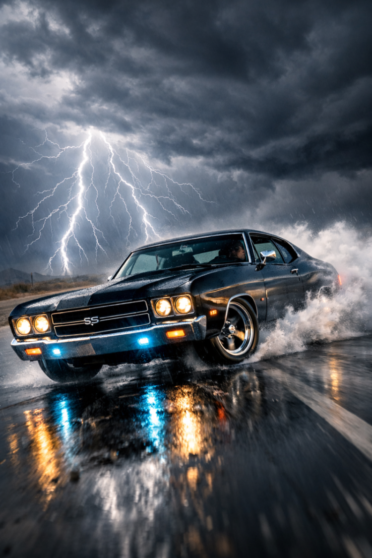 Black muscle car drifting on wet road with lightning striking in dark stormy sky