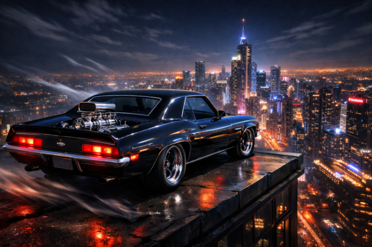 A black classic muscle car with a large engine sitting on a rooftop edge overlooking a brightly lit city skyline at night.