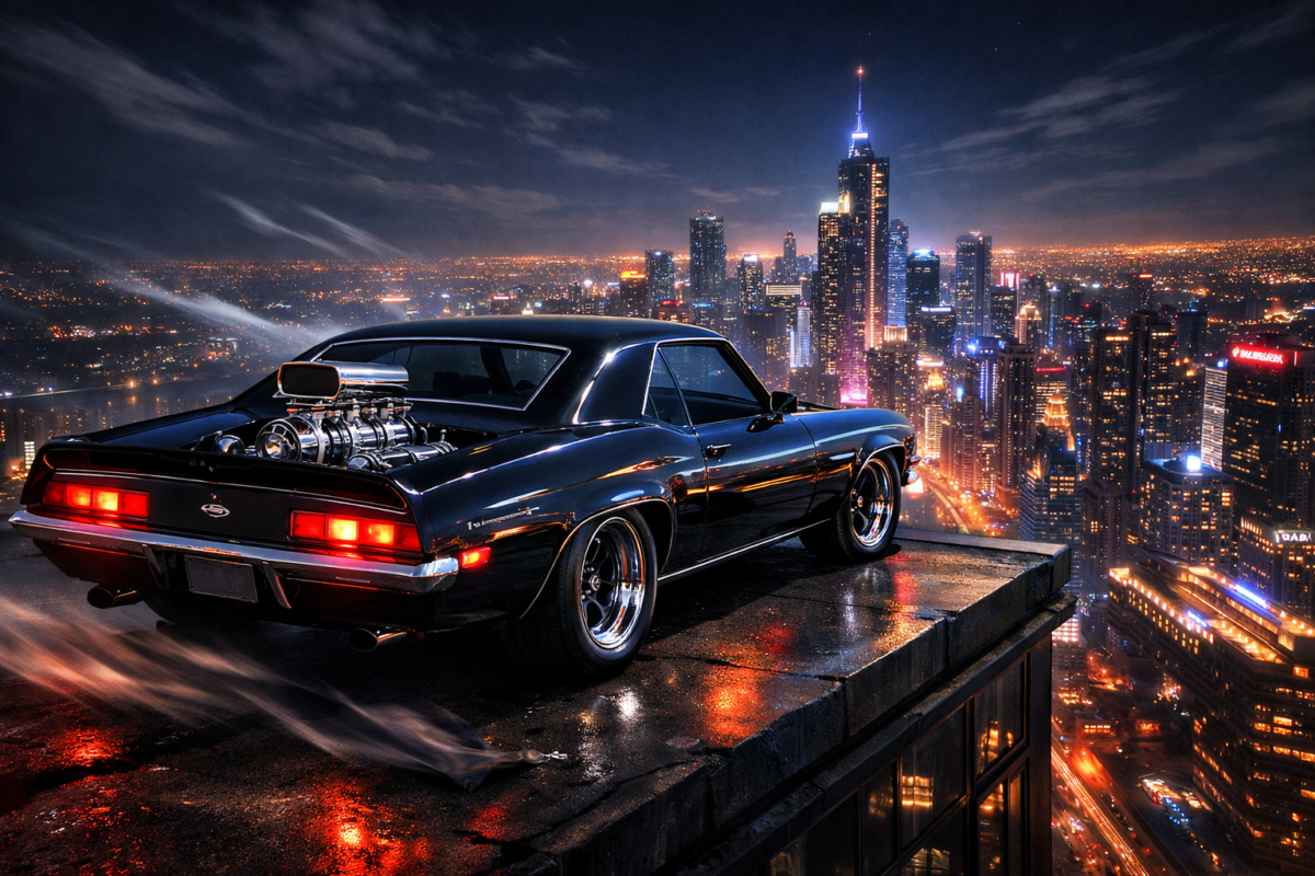 A black classic muscle car with a large engine sitting on a rooftop edge overlooking a brightly lit city skyline at night.